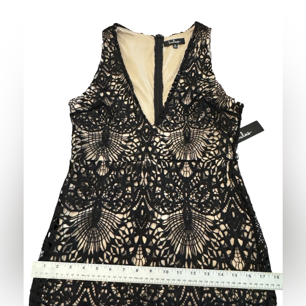 Lulu's Black & Gold Lace-Overlay Deep V Mini Dress - Picture 16 of 16